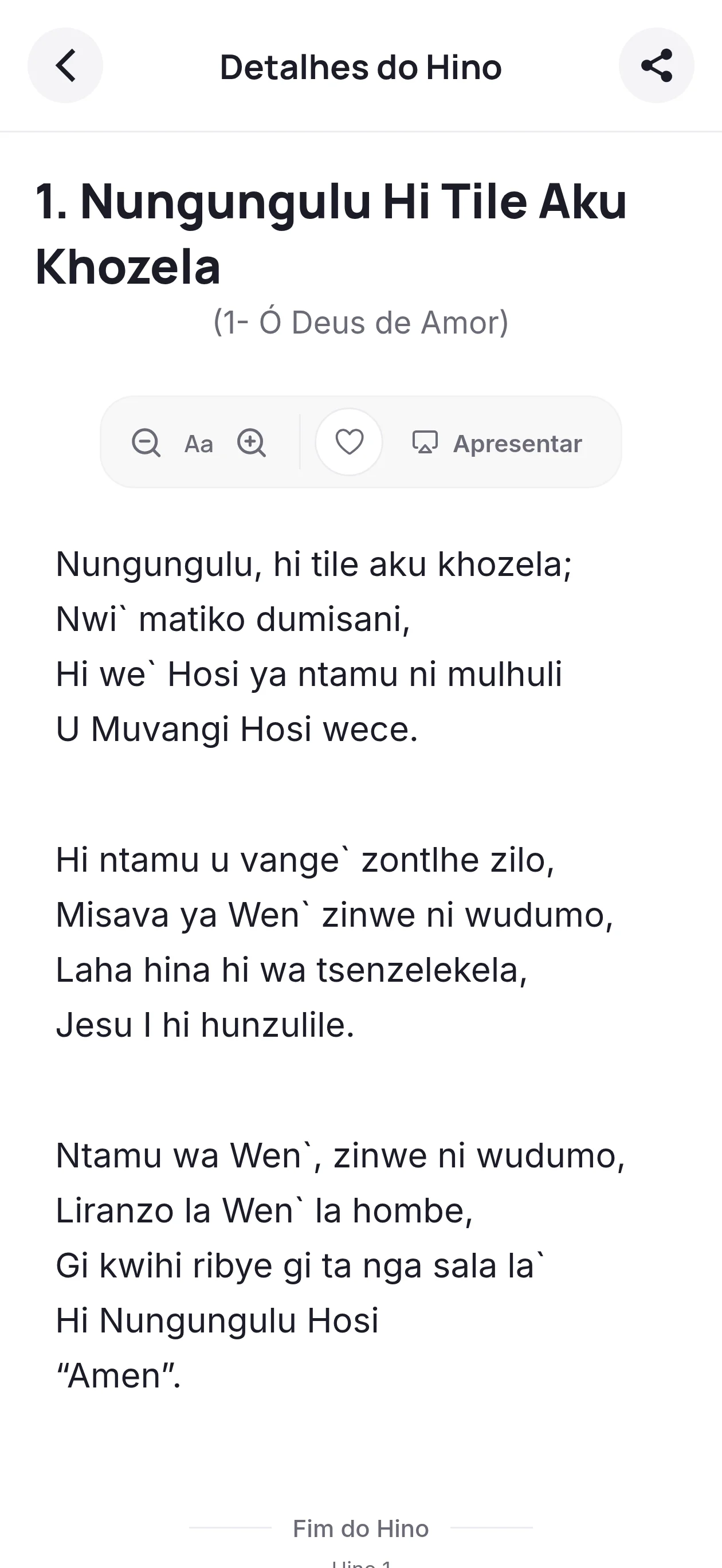 Ecrã do Cantares com a letra de um hino e controlos para ajustar o texto e abrir a apresentação